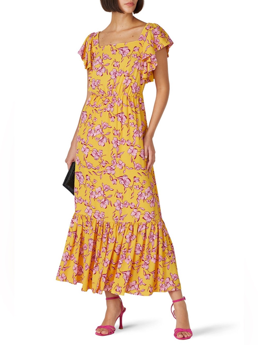 Sachin + Babi Yellow & Pink Floral Flutter Sleeve Maxi Dress